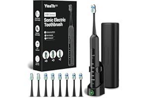 ‎YTEATH PRO Electric Toothbrush, Sonic Toothbrush for Adults and Children, Electric Toothbrush with 5 Cleaning Modes, 3 Intensity Levels, Integrated Timer and 8 Toothbrush Heads, Travel Case, Black