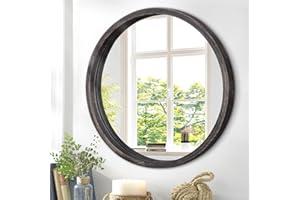 JJUUYOU Rustic Black Circle Wall Mirror Round Wall Mirror for Bathroom, Hanging Round Mirror for Living Room, Vanity, Bedroom