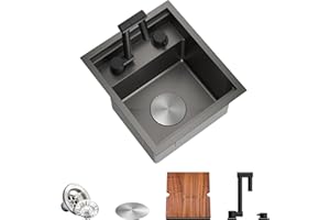 TORVA Schwarze Edelstahlspüle für Camping Wohnwagen Küchen, Arbeitsplatz Unterbaubecken mit eingebauten Klapphähnen, 33 x 38.1 x 23 cm