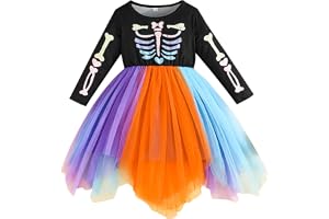 Yaopelky flickor halloween skelettklänning långärmad tutu festklänning regnbåge tyllkjol barn höstkläder för 2-8 år