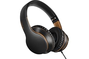 LORELEI X6 - Cuffie over-ear con microfono, leggere, pieghevoli e portatili, con bassi stereo e cavo da 1,45 m, senza groviglio, cuffie cablate per smartphone, tablet MP3/4 (nero-oro)