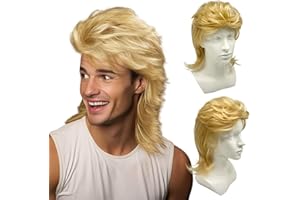 UILYNIU Light Blonde Mullet Mens 80s Wig, Men's Rocker Wig, Mens for Adult, Hippie Pop Rock for Men, Long Curly 70s Costumes Carnival Halloween Costume Wig Fancy Party (Light Blonde)