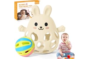 Orzbow Rassel Baby, Multifunktions Beißring Baby mit Rassel, Greifball für Babys über 3 Monate, Leichtgewicht, Leicht Greifen & Reinigen, Atmungsaktiv, Cremefarbener Hase