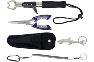MILEPETUS Fischlippengriff und Angelzange aus Edelstahl mit Kordel, Fisch-Werkzeug-Sets für Einhand-Bedienung, Fisch-Halter/Spalt-Ring/breiter Cutter/Haken-Entferner