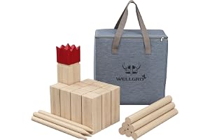 WELLGRO XL Kubb spel – 2–12 spelare, massivt trä, röd kung, vikingaspel inklusive spelinstruktioner, väska – svenskt schack gräsmatta schack kastspel
