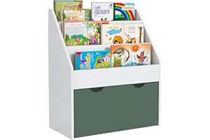 AIYAPLAY Libreria per Bambini 3-8 Anni a 3 Ripiani con Cassetto Inferiore, Scaffale Portagiochi in Legno MDF, 62.5x30x70 cm, Bianco e Verde