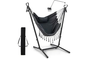 RELAX4LIFE Hammock Chair with Stand and Phone Holder, 6 Height Adjustable Swing Chair with Handy Pocket and Humanized Pillow, Garden Tassels Hanging Seat for Balcony Yard Poolside