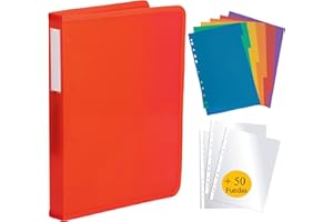 QE'MONO Archivador 4 anillas plastico incluye 50 fundas de plastico a4 y 6 separadores. Carpeta archivadora liviana y resistente. Archivador de tapa semirrígida. Carpeta para fundas y folios. (Rojo)