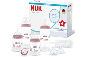 NUK First Choice Perfect Start Set de Biberons | 0-6 Mois | 4 Biberons Anti-Coliques (150 ml, 300 ml), 2 Tétines, 1 Sucette First Choice, 1 Goupillon | Koala | Lot de 8