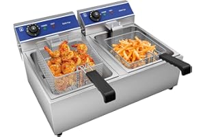 TAIMIKO Electric Deep Fryer - Commercial Stainless Steel Tank with Lid For Home and Commercial Use, Countertop Kitchen Fat Fryer Frying Machine for French Fries,UK Plug (Double Tanks, 6L + 6L)