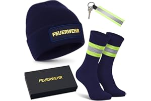 Hestya Weihnachten Feuerwehr Geschenke Feuerwehrhelm Mütze Baumwolle Heldensocken Schlüsselanhänger Unisex Winter Feuerwehrmann Zubehör für Adventskalender 2025 Männer Frauen Kinder