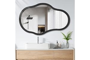 LZUSO Asymmetrical Mirror for Wall Decor Large Modern Wooden Framed Wall Mirror Unique Wave Wall Mounted Vanity Artistic Irregular Mirrors Decorative for Living Room Bedroom Bathroom Entryway Black 26"x18"