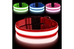 AUAUY Obroża dla psa, świecąca obroża dla psa, ładowana przez USB, regulowana przepuszczalność światła obroża LED z 3 trybami zapałki, dla średnich psów (S, czerwony)