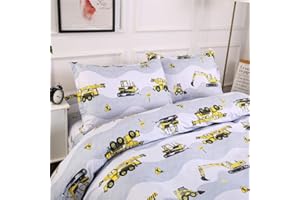 ‎ASHANLAN AShanlan Kinder Jungen Bettwäsche 135x200 Bagger Baustelle & LKW Motiv Kinderbettwäsche Set 100% Mikrofaser Weiß Grau Bettbezug mit Kissenbezug 80x80 cm