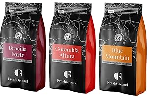FG FRESHGROUND FreshGround | Premium Ground Filter Coffee Taster Kit | Pack of 3 255g Bags | Blue Mountain, Colombia Altura And Brasilia Forte | Perfect For Any Occasion | Rainforest Alliance Certified