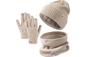 BAYNETIN Set Invernale Bambini 3 Pezzi: Cappello di Maglia, Sciarpa e Guanti Touchscreen - Berretto con Fodera in Pile Caldo per Ragazze e Ragazzi 5-12 Anni