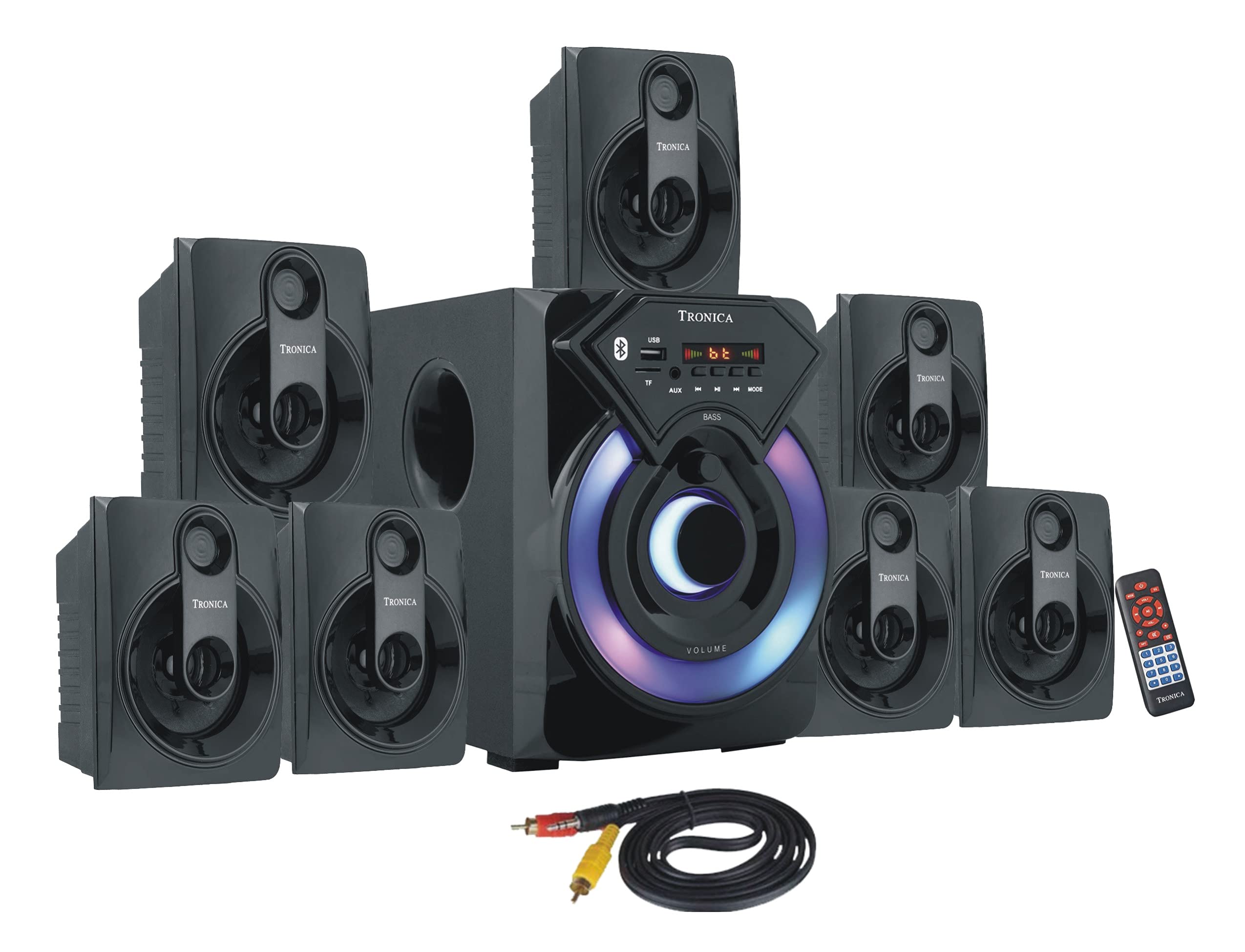 TRONICA Series 7.1 Channel Home Theatre System ï¿½ Bluetooth, USB,FM, SD, RCA Inputs,AUX, LED TV Supported 4 Inch Active Subwoofer, 3ï¿½ Passive Radiator, Vivid Lights, Wireless Remote
