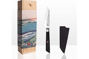 KOTAI | Couteau d'Office Type Bunka avec Bamboo Saya et Bamboo Box | Lame de 9 cm | Martelé et Aiguisé à la Main | Acier Inoxydable Japonais 440C Ultra-Tranchant