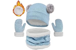 JFAN 3 Pcs Kids Hats Scarf Gloves Set Winter Warm Beanie 3 in 1 Thermal Knitted Pompom Stripe Beanie Toddler Cap for Boys Girls 2-7 Year