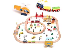 Pista Treno in Legno,Hoyiyobi 72 Pcs Binari Trenino Set Ferrovia in Legno Compleanno e di Natale per Bambini, Compatibile con le Principali Marche per ragazze ragazzi 3 4 5 6 anni