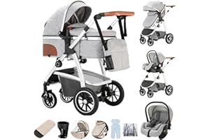 Zkiprm 3-in-1 Pram, Travel System, Baby Carrycot Buggy & Sports Seat, Height-Adjustable Armrests and Pram with Aluminium Frame, Mummy Bag/Mosquito Net/Cotton Mat, for Newborns 0-4 Years
