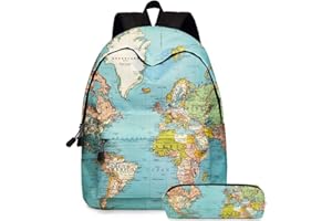 DALIN 2pcs World Map Printing Backpack Laptop Daypack Bookbag with Pencil Case Set
