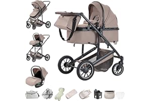 Zkiprm 3-in-1 Pushchair Travel System, Pushchair and Car Seat Combination, Pram with Height-Adjustable Handle, Baby Stroller with Rain Cover, Travel Pram with Aluminium Frame for Newborns 0-4 Years
