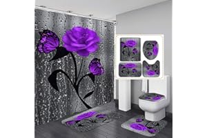 BULLPIANO 4 STK. Blumenduschvorhang-Sets mit rutschfesten Teppichen, Toilettendeckel und Badematte, Rose Flower Regentropfen-Duschvorhang mit 12 Haken, wasserdichter Stoff-Duschvorhang Badezimmerdekor