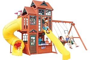 KidKraft Canyon Ridge Aire de Jeux en Bois (FSC) avec Toboggan tubulaire, Toboggan ondulé, Balançoire, Mur d'escalade et Cuisine pour Enfants, Maison de Jeux d'extérieur pour Jardin, F25715E