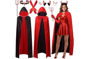 iZoeL Karneval Teufel Kostüm Damen,Teufel umhang roter Kapuzenumhang Haarreif Teufelshörner Gotische Teufelskette Tattoo Teufel kostüm Accessorie, Halloween Fasching Mottoparty Karneval kostüm