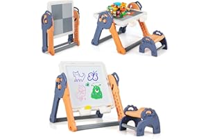 DREAMADE 6 en 1 Table Enfants 3+Ans avec Chaise&Plateau Blocs Amovible,Chevalet Enfant Pliable Double Face avec 4 Paniers&102 Blocs&6 Marqueurs&Gomme,Tableau Enfant Charge 75KG (Pliable)