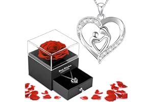LIHELEI Konservierte Rosen Muttertagsgeschenk, Herz Kette Halskette für Damen, Echte Rose Blume Schmuck Geschenkebox für Mama Frauen am Muttertag und Geburtstag