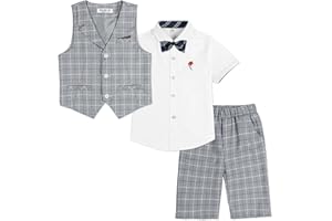 LOLANTA 4-Piece Kids Waistcoat Suit, Boys Wedding Party Shorts Set, Page Boy Outfit, Shirt, Bow Tie, Shorts, Waistcoat