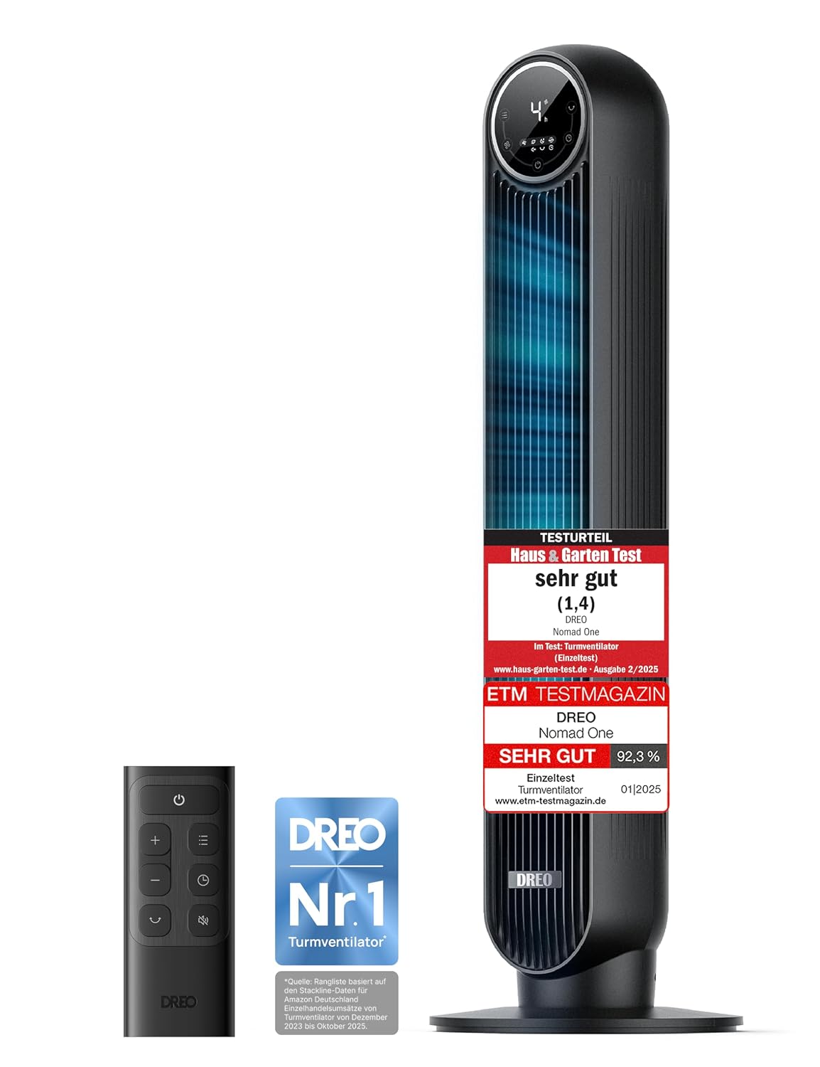 DREO Leiser Turmventilator, 10 m Wurfweite 8 Geschwindigstufen 4 Modi 8 Std. Timer 90° oszillierende Ventilator mit Kühlung Fernbedienung für Schlafzimmer,Turmventilator 307, Schwarz