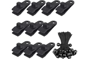 ZKFSIE 10 Pcs Tarpaulin Clips +10 Pcs Bungee Cord Ball, Shade Cloth Clips Shade Cloth Heavy Duty Lock Grip Tarp Clips Heavy Duty Lock Grip, Tarpaulin Clamps for Garden Outdoor Pool Tie Downs Canvas