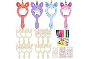 KIKVTER Einhorn Basteln, 12 Stück DIY Holzspiegel Handwerk für Kinder, Einhorn Bastelset Kindergeburtstag, Unfertige Holzspiegel Handwerk für Kinder, Kindergeburtstag Mitgebsel Geschenk Party