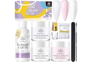 BORN PRETTY Polvos Acrílicos para Uñas Set, Acrilico uñas Polvo 3 Colores Blanco Rosa Polvo Acrilico con Líquido Acrílico para Uñas Set, Pincele Acrílicos Adecuado para Principiantes y Expertos