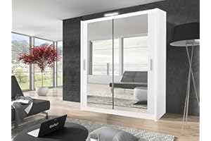 GERMAN SLIDING WARDROBE GSW Bedroom Furniture Modern Full 2 and 3 Mirror Sliding Door Wardrobe With Shelves And LED Light, Hanging Rail (203CM, White)