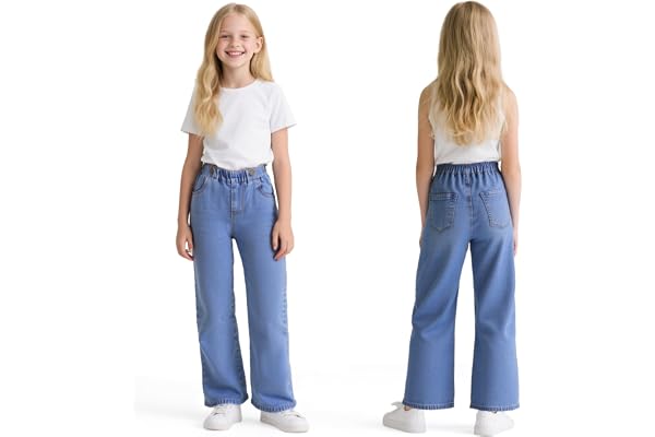 Baogaier Jeans för flickor, baggy lös passform mjuka byxor med stretch med lång midja denim flickor casual breda ben blå deni