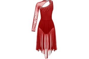 dPois Asymétrique Robe Danse Contemporain Femme Competition Justaucorps Gymnastique Robe Danse Classique Tenue Patinage Artistique Costume Jazz Moderne Spectacle