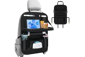 CHWNIBAY Organiseur de siège de voiture, protection de dossier de voiture pour enfants, étanche, avec table pliante, poche pour tablette et nombreuses poches, matériau PU, noir