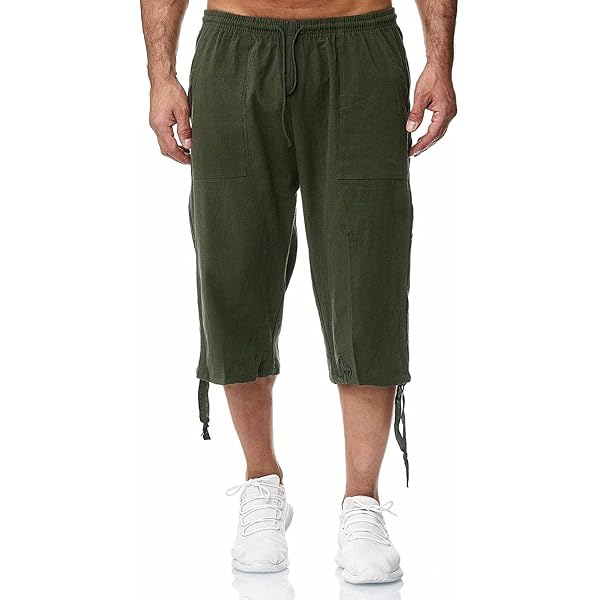 LVCBL Linnen shorts voor heren, 3/4 lengte, zomerbroek, strand, yoga, jogger, casual sweatpants, Kaki, L