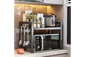 Buithafu Estante ajustable para microondas, estante de microondas de cocina expandible de 2 niveles, estante de microondas de acero al carbono, organizador de encimera de cocina con 6 ganchos