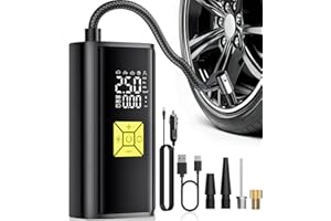 CREBEAU Cordless Car Tyre Inflator Air Compressor, 12V USB Portable Bike Pump & 150 PSI Car Tyre Pump, Digital Tyre Pump with LED Light and 4 Nozzle Adaptors
