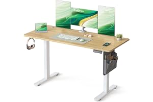 SONGMICS Höjdjusterbart elektriskt skrivbord, 140 x 60 cm, stående, 4-höjds minnesfunktion, för kontor, hemmakontor, guld, ek