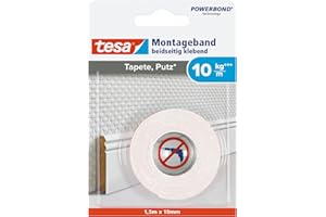 tesa Montageband Tapete&Putz, 10 kg Haltekraft pro Meter - starkes, doppelseitiges Montageklebeband zur Befestigung auf Gips und Tapeten - 1,5 m x 19 mm
