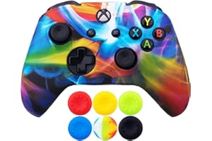 9CDeer 1 x Stück Schutzfolie Transferdruck Silikon Hülle + 6 Thumb Grips & Staubdichte Stecker für Xbox One/S/X-Controller Regenbogen