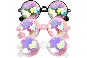 E-More Kaleidoscope Glasses, 3 Pack Festival Rave Rainbow Sunglasses, Crystal Lenses, Multicolor Fractal Prism Glasses Party Fancy Dress Costume, 3 Colors (White + Pink + Black)