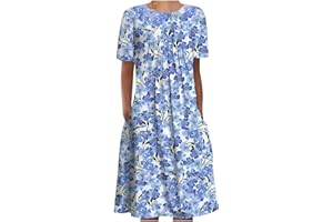 AMhomely Summer Dresses for Women UK Clearance Casual Round Neck Short Sleeve Folding Floral Printed Dresses for Special Occasions Ladies Maxi Dresses Plus Size Petite Sexy Dress UK Size