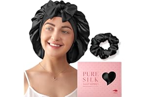 LitBear Cuffia da Notte per Donna in Seta di Gelso 100%, 6A 22 Momme, per Capelli Ricci e Lunghi, Doppio Strato con Fascia Regolabile, Elastico Incluso